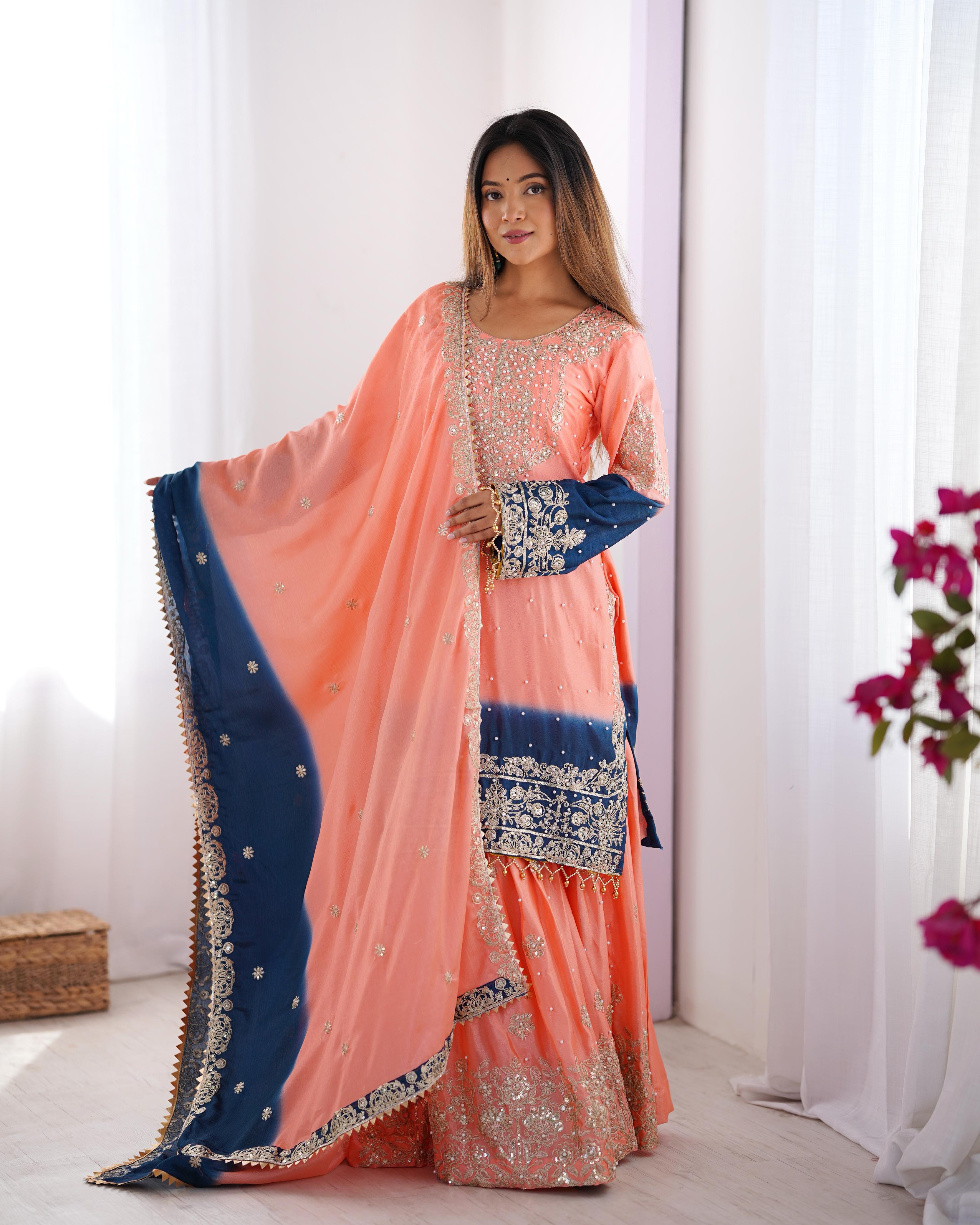 Party Wear Peach Color Chinon Silk And Coding Dori With Sequence With Rivet Moti Beautiful Sharara Suit