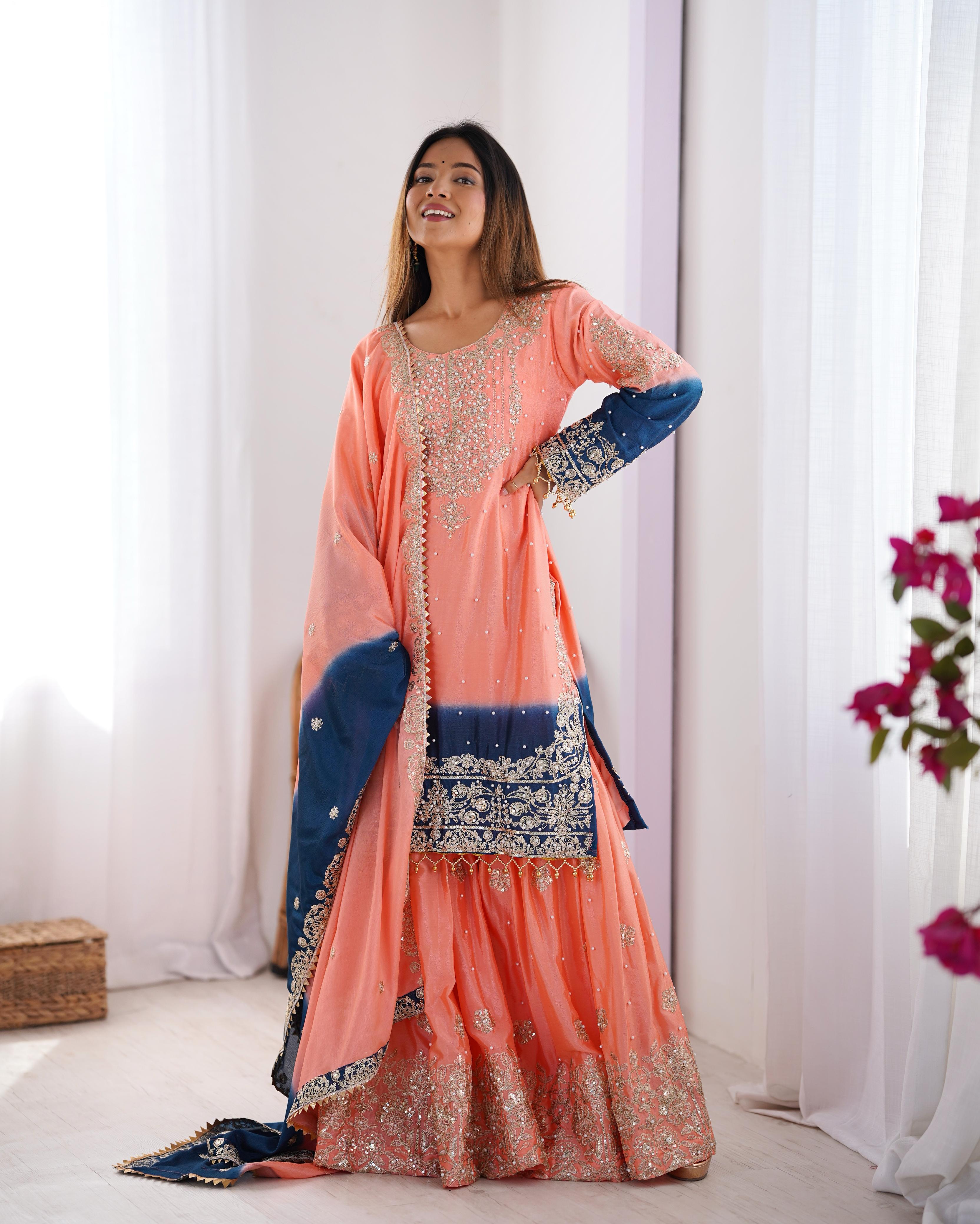 Party Wear Peach Color Chinon Silk And Coding Dori With Sequence With Rivet Moti Beautiful Sharara Suit