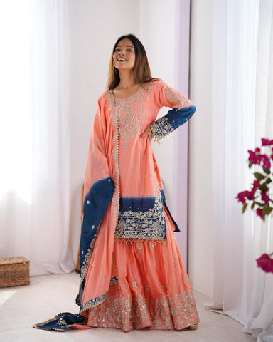 Party Wear Peach Color Chinon Silk And Coding Dori With Sequence With Rivet Moti Beautiful Sharara Suit