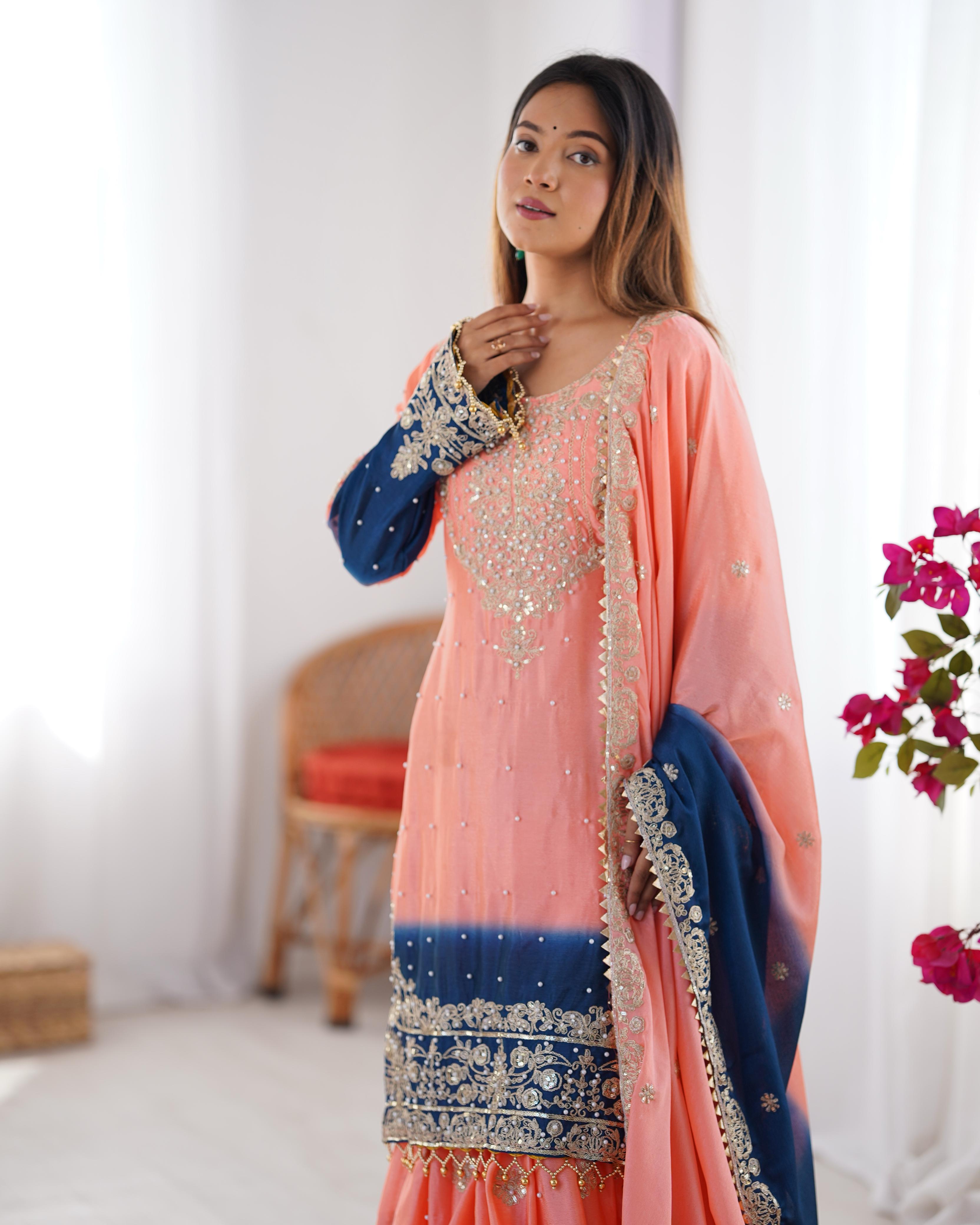 Party Wear Peach Color Chinon Silk And Coding Dori With Sequence With Rivet Moti Beautiful Sharara Suit