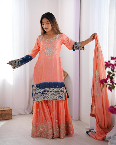 Party Wear Peach Color Chinon Silk And Coding Dori With Sequence With Rivet Moti Beautiful Sharara Suit