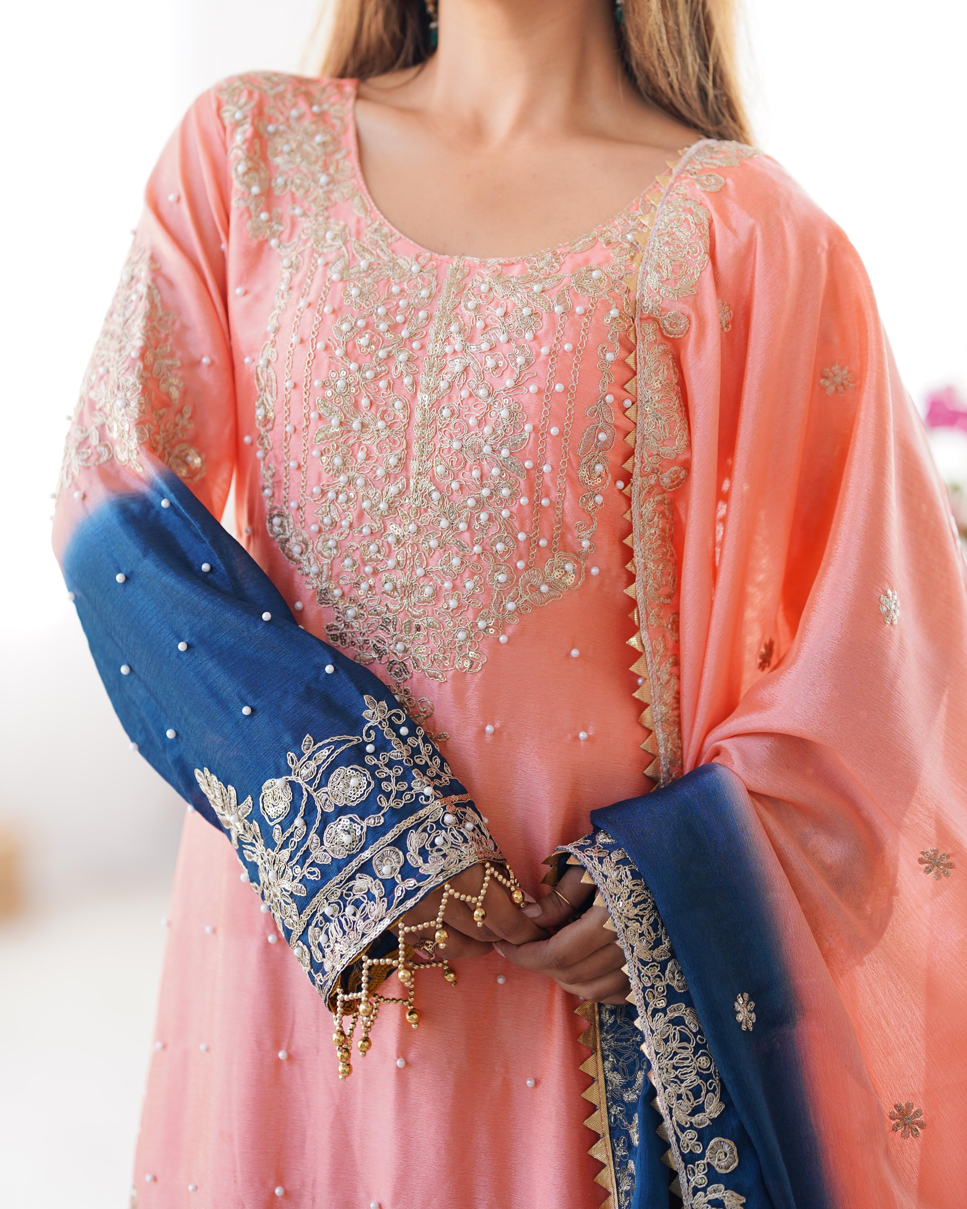 Party Wear Peach Color Chinon Silk And Coding Dori With Sequence With Rivet Moti Beautiful Sharara Suit