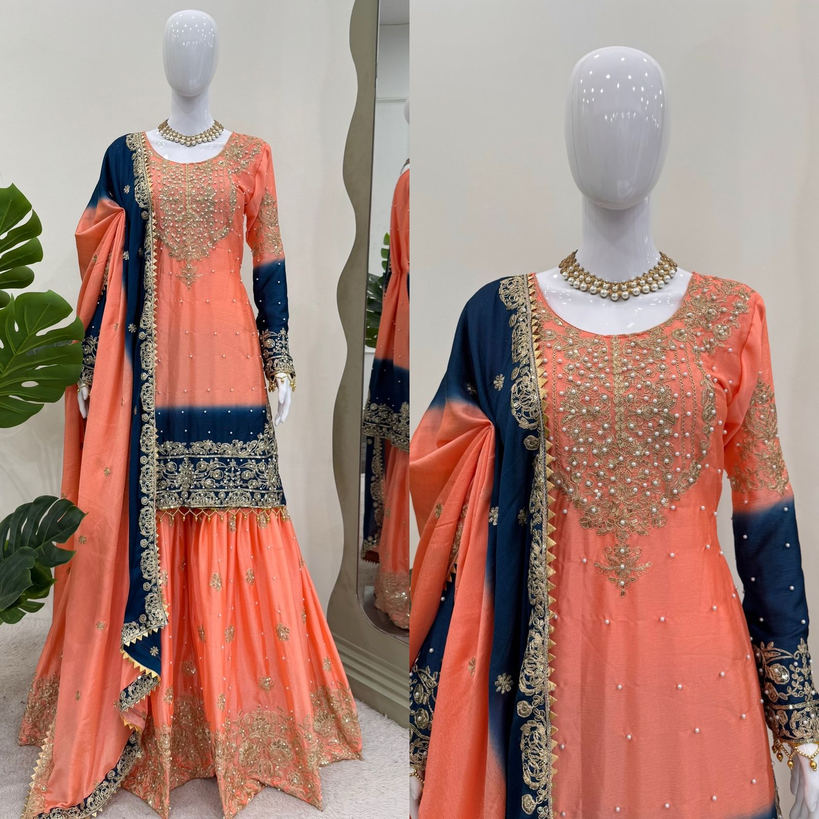 Party Wear Peach Color Chinon Silk And Coding Dori With Sequence With Rivet Moti Beautiful Sharara Suit