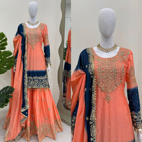 Party Wear Peach Color Chinon Silk And Coding Dori With Sequence With Rivet Moti Beautiful Sharara Suit