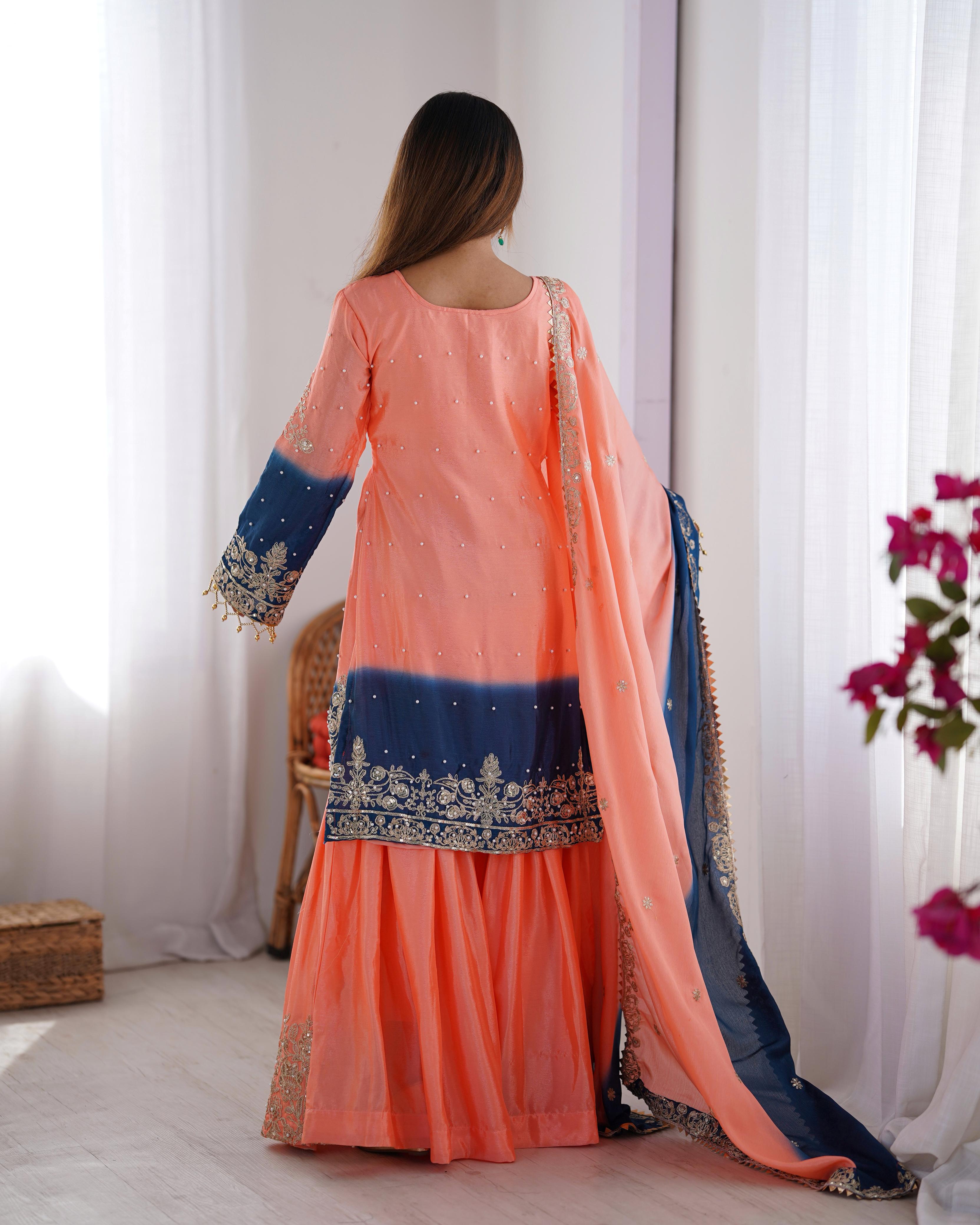 Party Wear Peach Color Chinon Silk And Coding Dori With Sequence With Rivet Moti Beautiful Sharara Suit