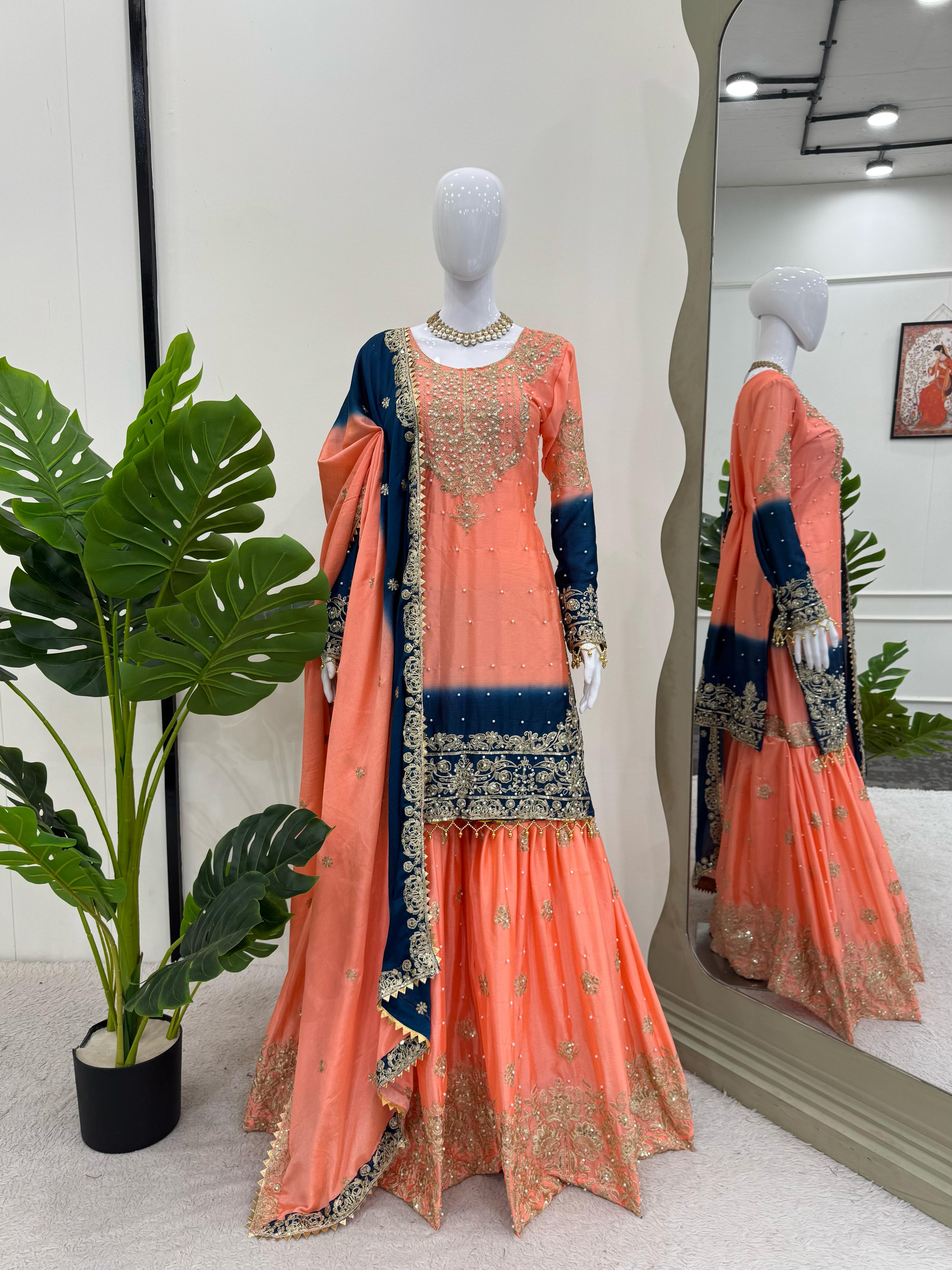 Party Wear Peach Color Chinon Silk And Coding Dori With Sequence With Rivet Moti Beautiful Sharara Suit