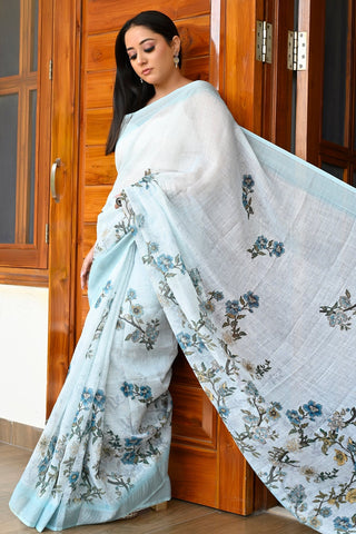 Stylish Sky Blue Color Pure Cotton Lilen With Digital Printed Designer Saree