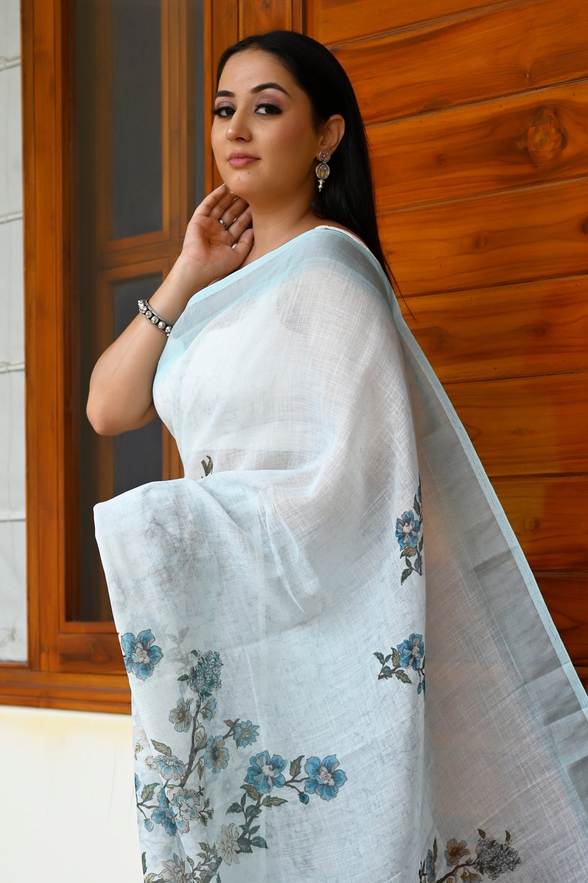 Stylish Sky Blue Color Pure Cotton Lilen With Digital Printed Designer Saree