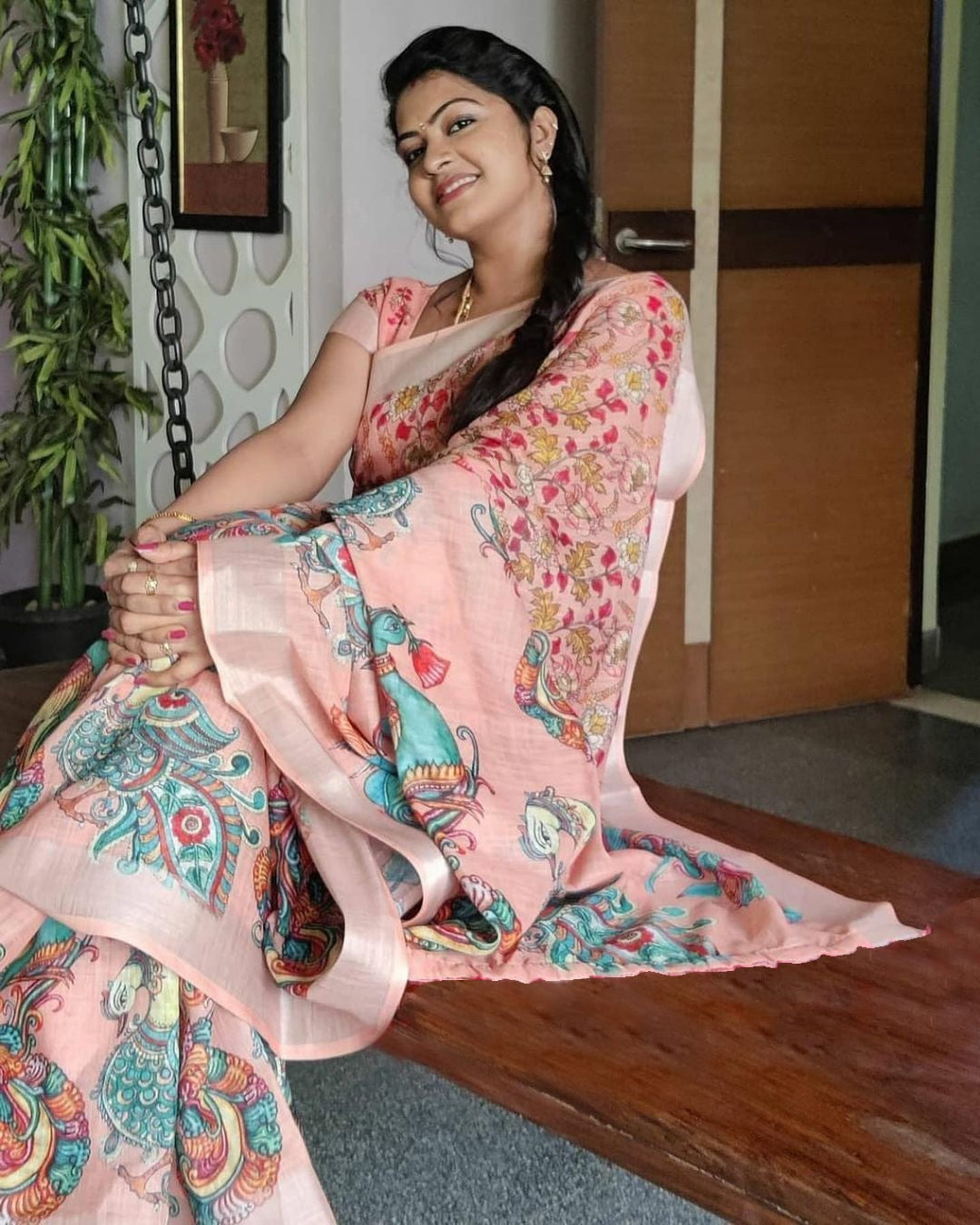 Wonderful Baby Pink Color Color Pure Cotton Lilen With Digital Printed Designer Saree