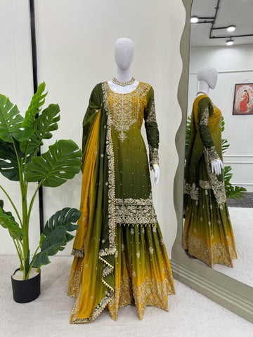 Ceremony Wear Green And Yellow Color Chinon Silk And Coding Dori With Sequence With Rivet Moti Beautiful Sharara Suit