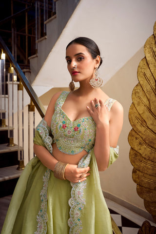 Stunning Green Color Gold Crush Lehenga With Sequins And Thread Embroidery With Jarkan Diamond Work Blouse