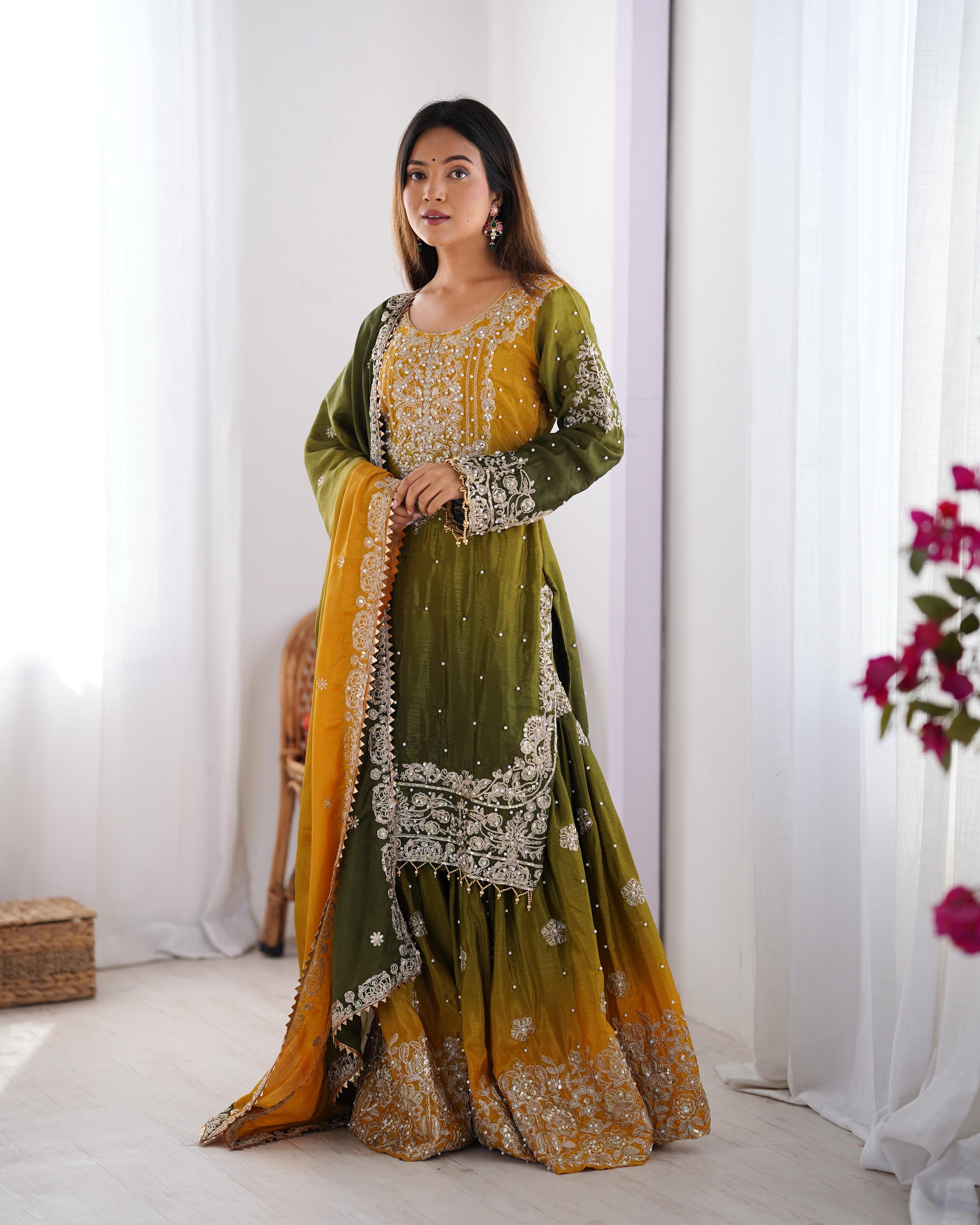 Ceremony Wear Green And Yellow Color Chinon Silk And Coding Dori With Sequence With Rivet Moti Beautiful Sharara Suit