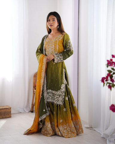 Ceremony Wear Green And Yellow Color Chinon Silk And Coding Dori With Sequence With Rivet Moti Beautiful Sharara Suit