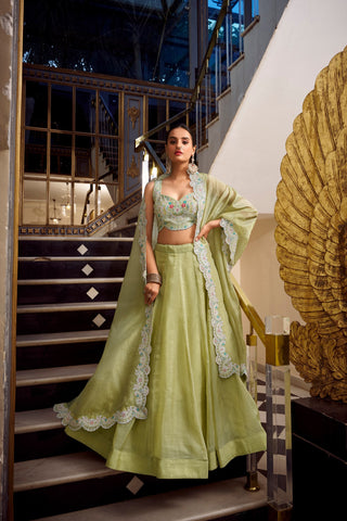 Stunning Green Color Gold Crush Lehenga With Sequins And Thread Embroidery With Jarkan Diamond Work Blouse