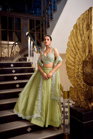 Stunning Green Color Gold Crush Lehenga With Sequins And Thread Embroidery With Jarkan Diamond Work Blouse