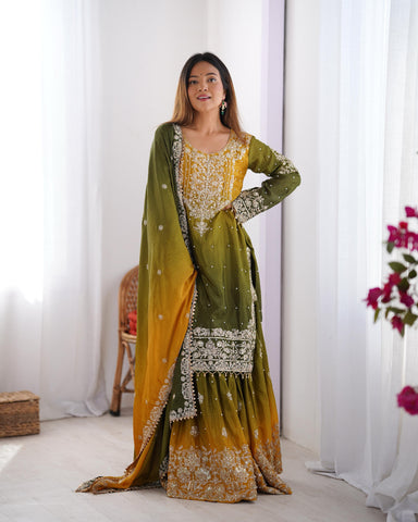 Ceremony Wear Green And Yellow Color Chinon Silk And Coding Dori With Sequence With Rivet Moti Beautiful Sharara Suit