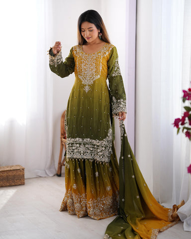 Ceremony Wear Green And Yellow Color Chinon Silk And Coding Dori With Sequence With Rivet Moti Beautiful Sharara Suit