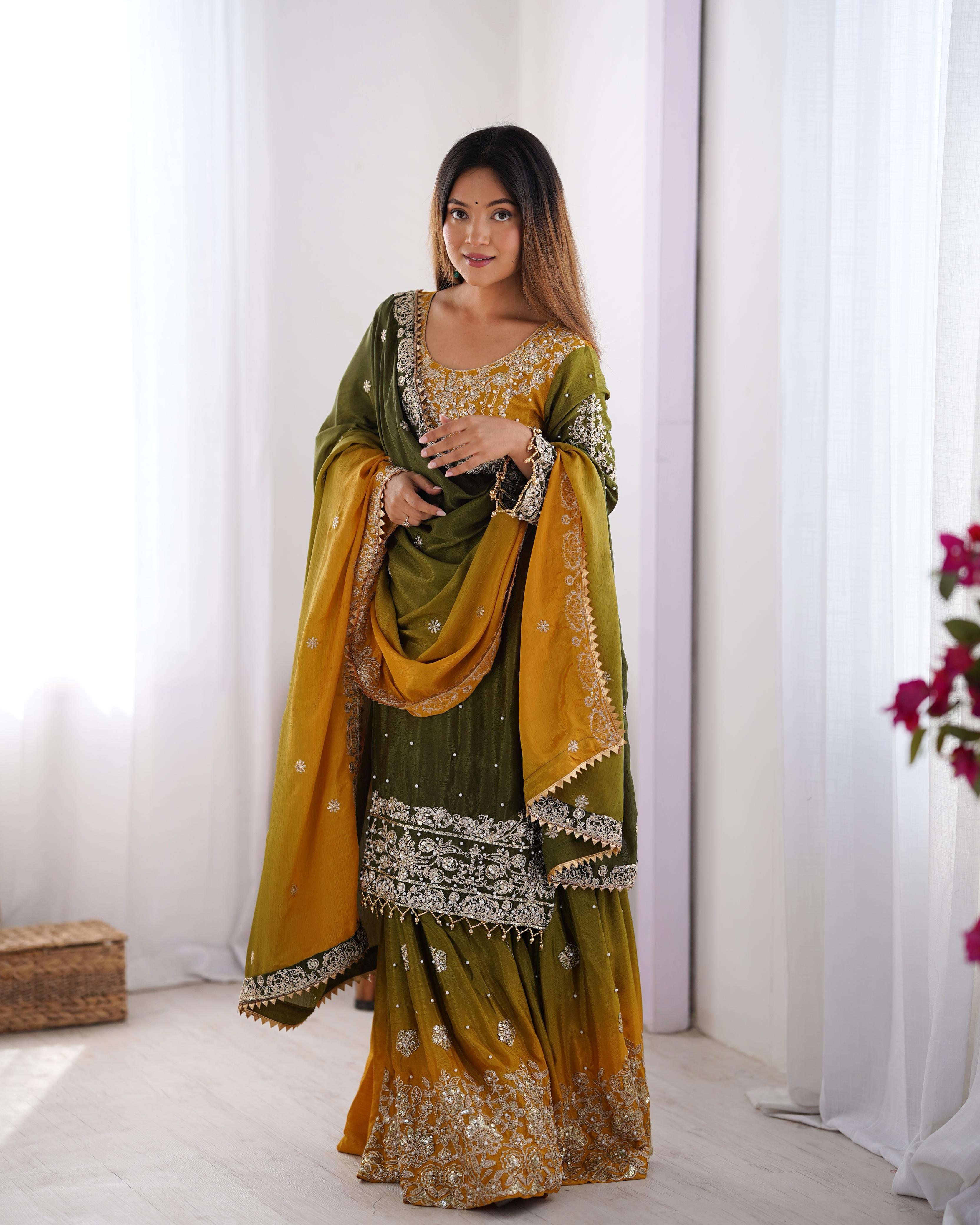 Ceremony Wear Green And Yellow Color Chinon Silk And Coding Dori With Sequence With Rivet Moti Beautiful Sharara Suit