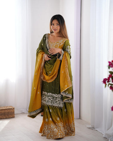 Ceremony Wear Green And Yellow Color Chinon Silk And Coding Dori With Sequence With Rivet Moti Beautiful Sharara Suit