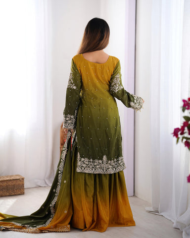 Ceremony Wear Green And Yellow Color Chinon Silk And Coding Dori With Sequence With Rivet Moti Beautiful Sharara Suit