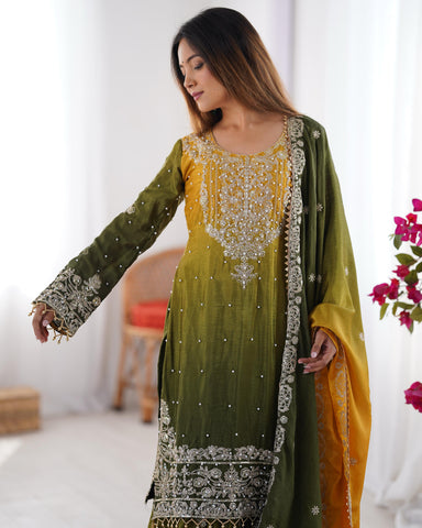 Ceremony Wear Green And Yellow Color Chinon Silk And Coding Dori With Sequence With Rivet Moti Beautiful Sharara Suit