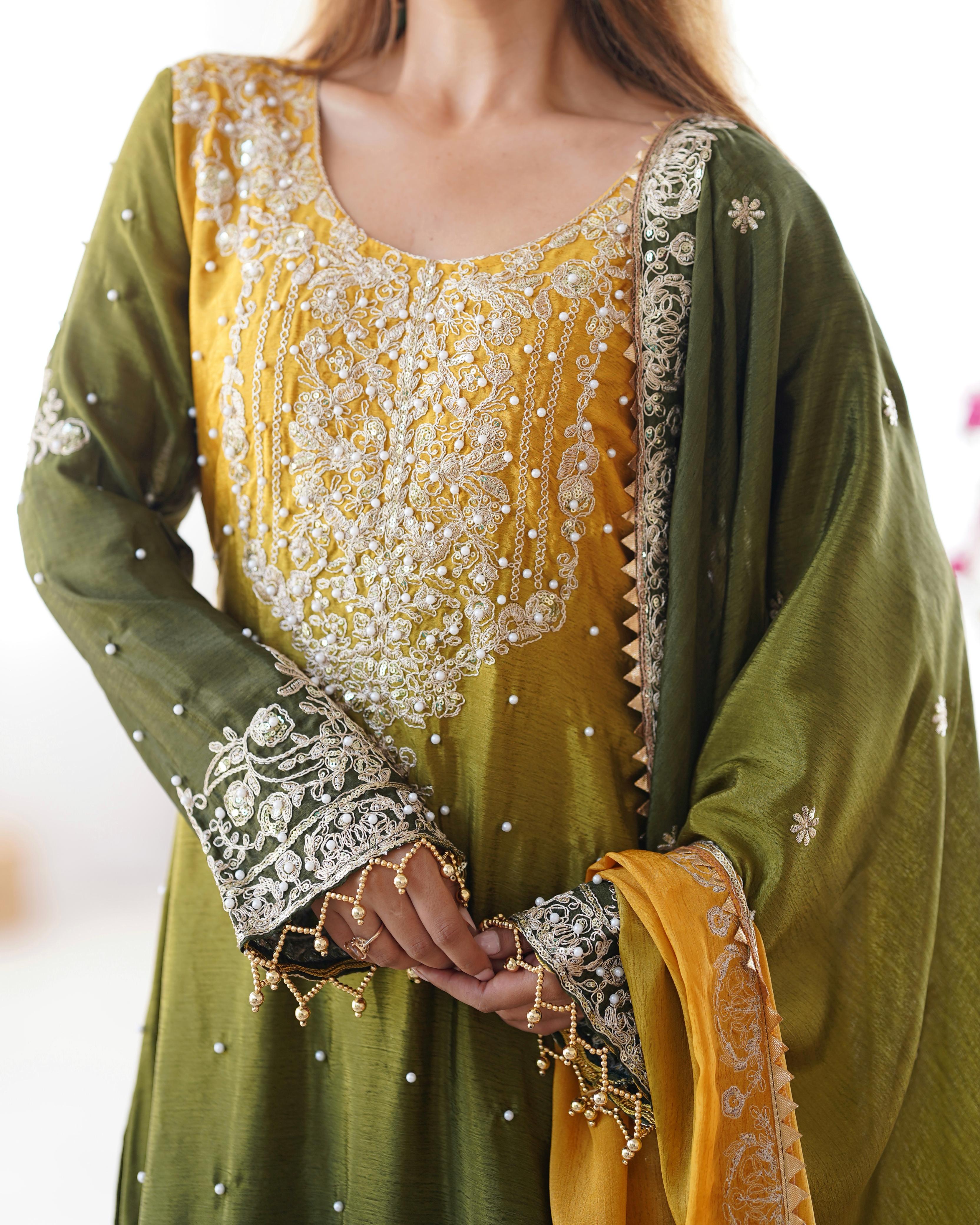 Ceremony Wear Green And Yellow Color Chinon Silk And Coding Dori With Sequence With Rivet Moti Beautiful Sharara Suit