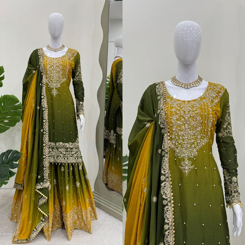 Ceremony Wear Green And Yellow Color Chinon Silk And Coding Dori With Sequence With Rivet Moti Beautiful Sharara Suit