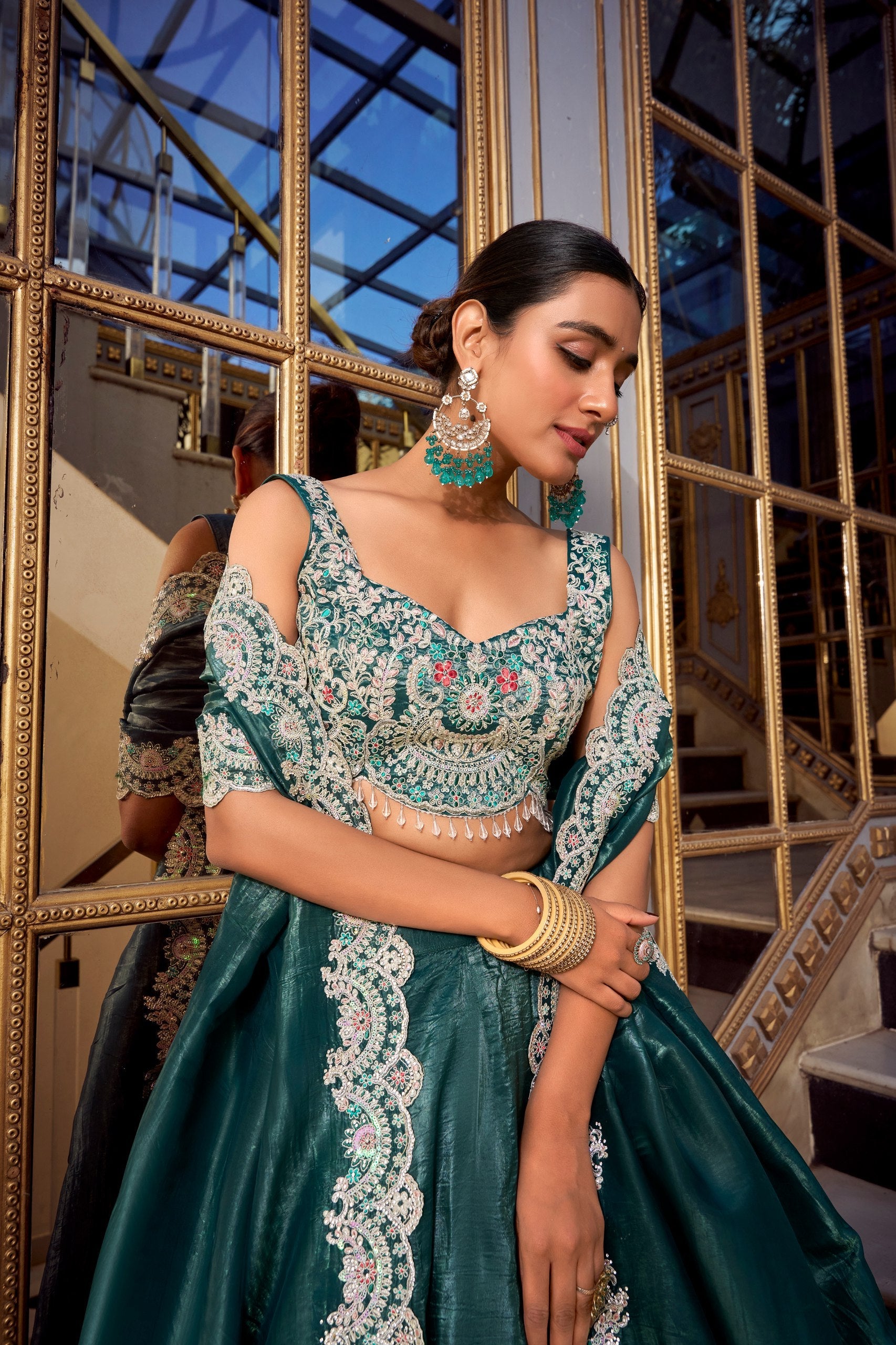 Stunning Teal Color Gold Crush Lehenga With Sequins And Thread Embroidery With Jarkan Diamond Work Blouse