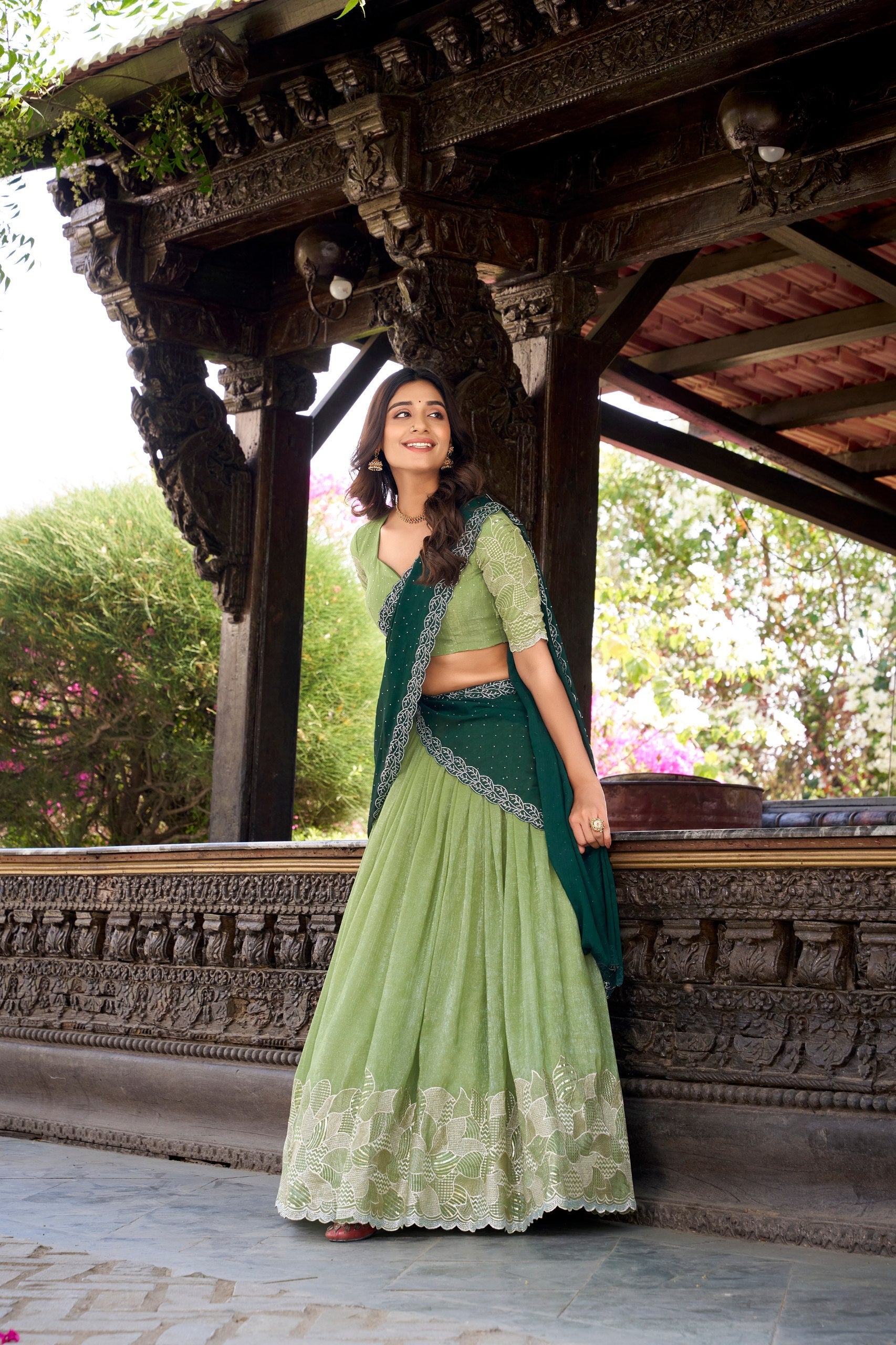 Fabulous Green Color Silver Glosy Sequins And Thread Embroidery Work With Hotfix Designer Lehenga Choli