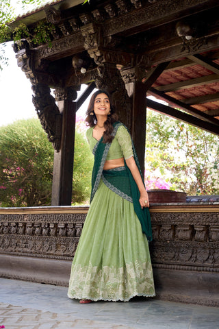 Fabulous Green Color Silver Glosy Sequins And Thread Embroidery Work With Hotfix Designer Lehenga Choli
