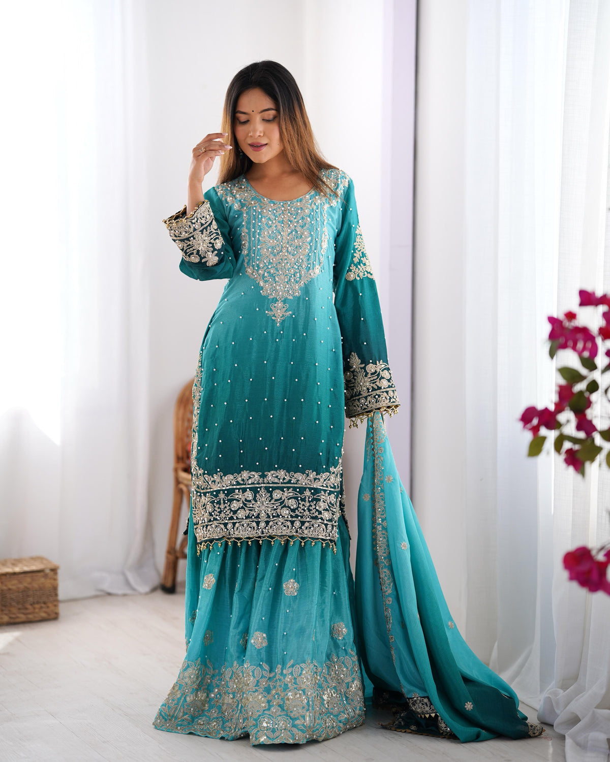 Reception Wear Aqua Blue Color Chinon Silk And Coding Dori With Sequence With Rivet Moti Beautiful Sharara Suit