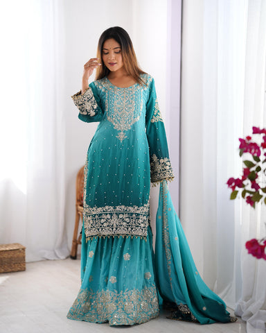 Reception Wear Aqua Blue Color Chinon Silk And Coding Dori With Sequence With Rivet Moti Beautiful Sharara Suit