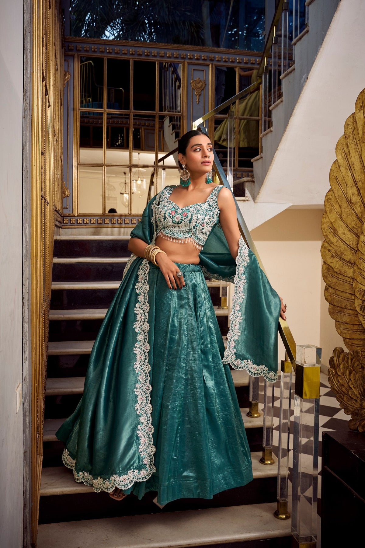Stunning Teal Color Gold Crush Lehenga With Sequins And Thread Embroidery With Jarkan Diamond Work Blouse