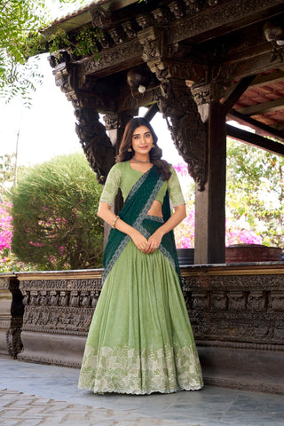 Fabulous Green Color Silver Glosy Sequins And Thread Embroidery Work With Hotfix Designer Lehenga Choli