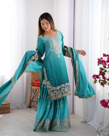 Reception Wear Aqua Blue Color Chinon Silk And Coding Dori With Sequence With Rivet Moti Beautiful Sharara Suit