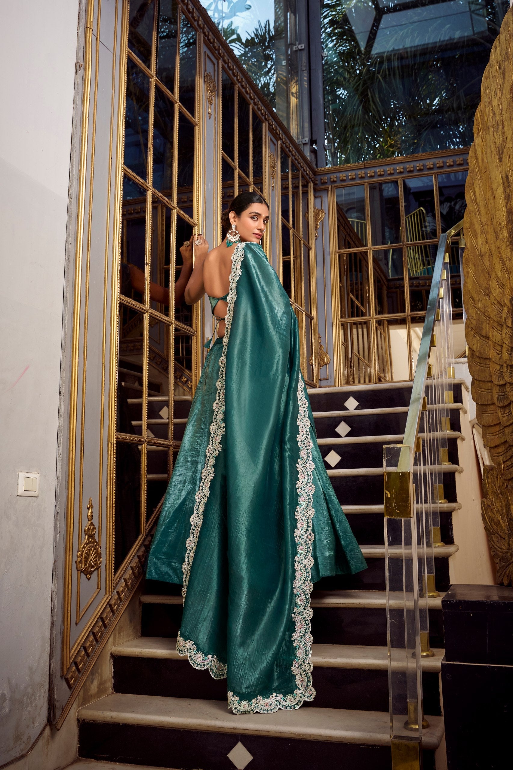Stunning Teal Color Gold Crush Lehenga With Sequins And Thread Embroidery With Jarkan Diamond Work Blouse