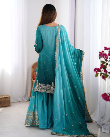 Reception Wear Aqua Blue Color Chinon Silk And Coding Dori With Sequence With Rivet Moti Beautiful Sharara Suit