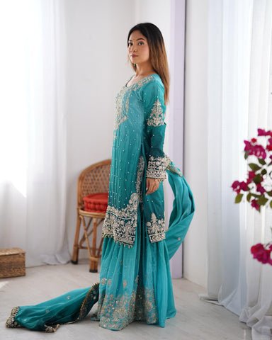 Reception Wear Aqua Blue Color Chinon Silk And Coding Dori With Sequence With Rivet Moti Beautiful Sharara Suit