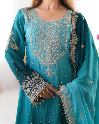 Reception Wear Aqua Blue Color Chinon Silk And Coding Dori With Sequence With Rivet Moti Beautiful Sharara Suit