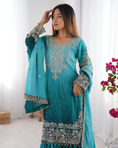 Reception Wear Aqua Blue Color Chinon Silk And Coding Dori With Sequence With Rivet Moti Beautiful Sharara Suit