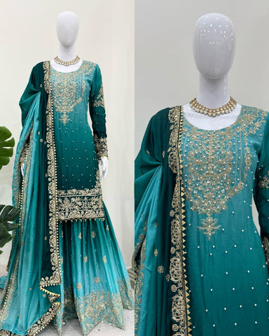 Reception Wear Aqua Blue Color Chinon Silk And Coding Dori With Sequence With Rivet Moti Beautiful Sharara Suit