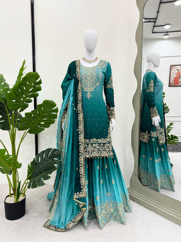 Reception Wear Aqua Blue Color Chinon Silk And Coding Dori With Sequence With Rivet Moti Beautiful Sharara Suit