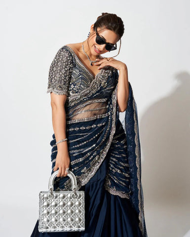 Beautiful Designer Blue Color Vichitra Ready To Wear Lehenga Saree