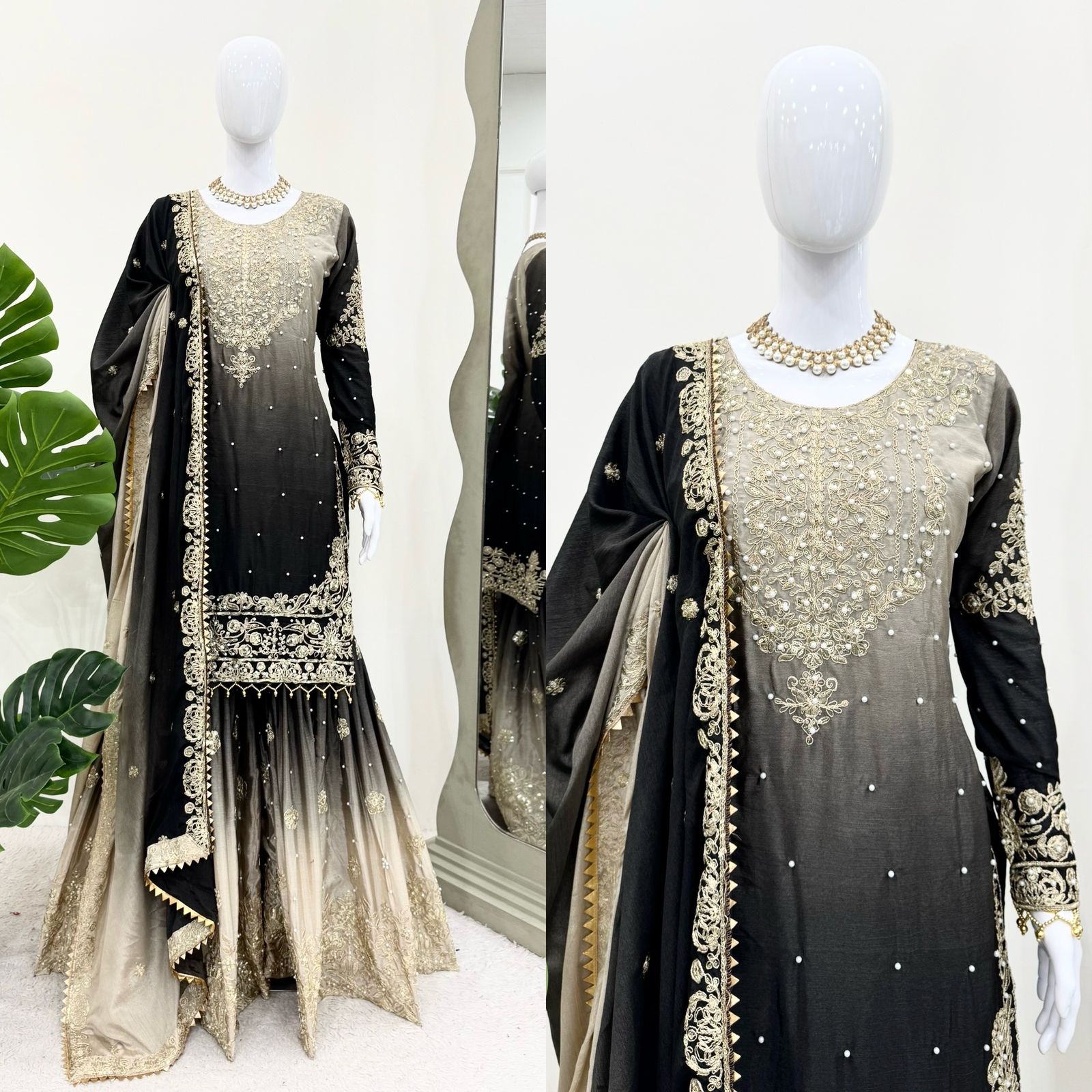 Wedding Wear Black And Grey Color Chinon Silk And Coding Dori With Sequence With Rivet Moti Beautiful Sharara Suit