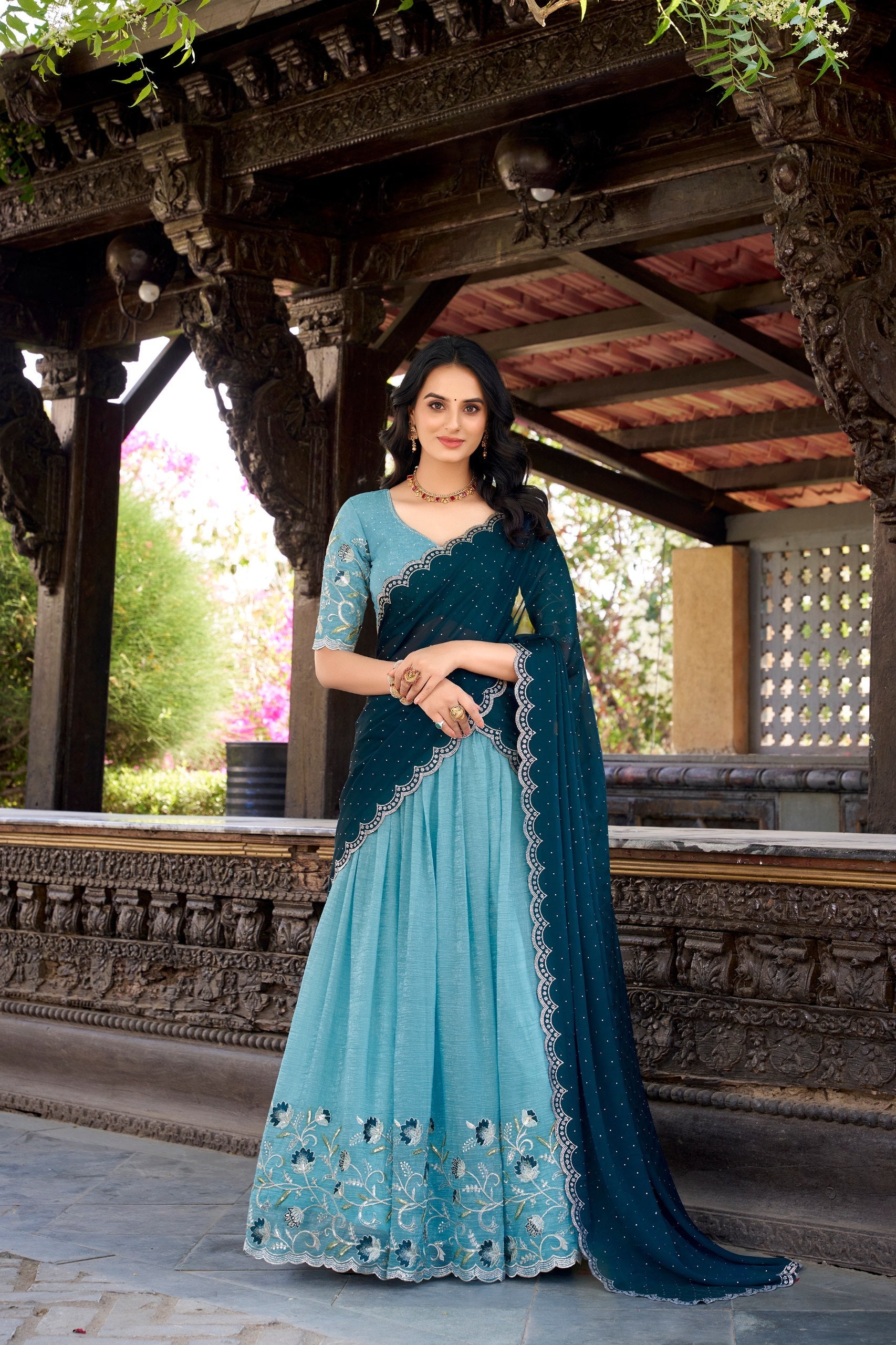 Fabulous Sky Color Silver Glosy Sequins And Thread Embroidery Work With Hotfix Designer Lehenga Choli