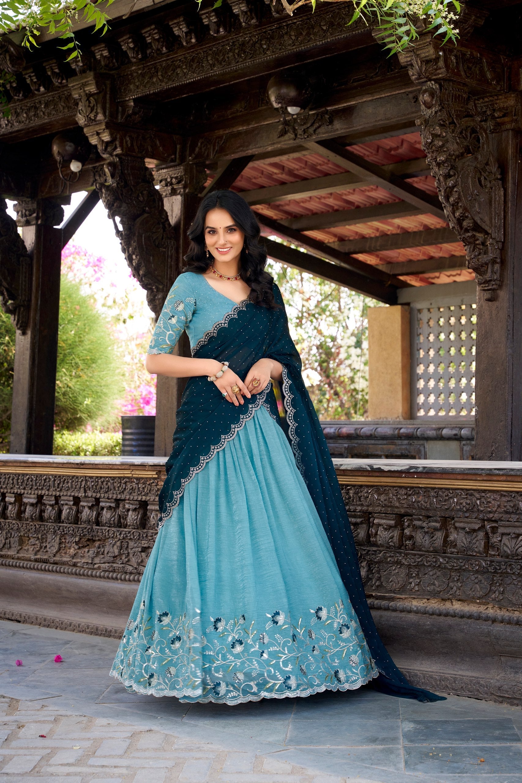 Fabulous Sky Color Silver Glosy Sequins And Thread Embroidery Work With Hotfix Designer Lehenga Choli