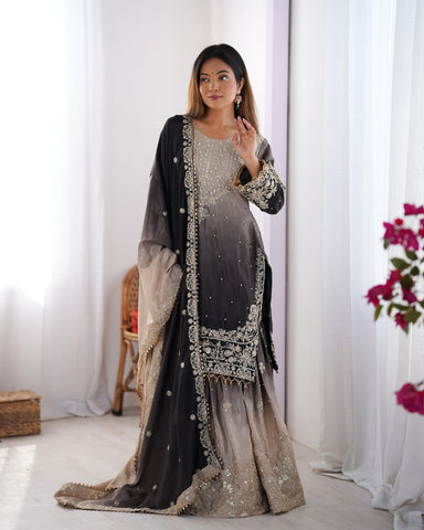 Wedding Wear Black And Grey Color Chinon Silk And Coding Dori With Sequence With Rivet Moti Beautiful Sharara Suit