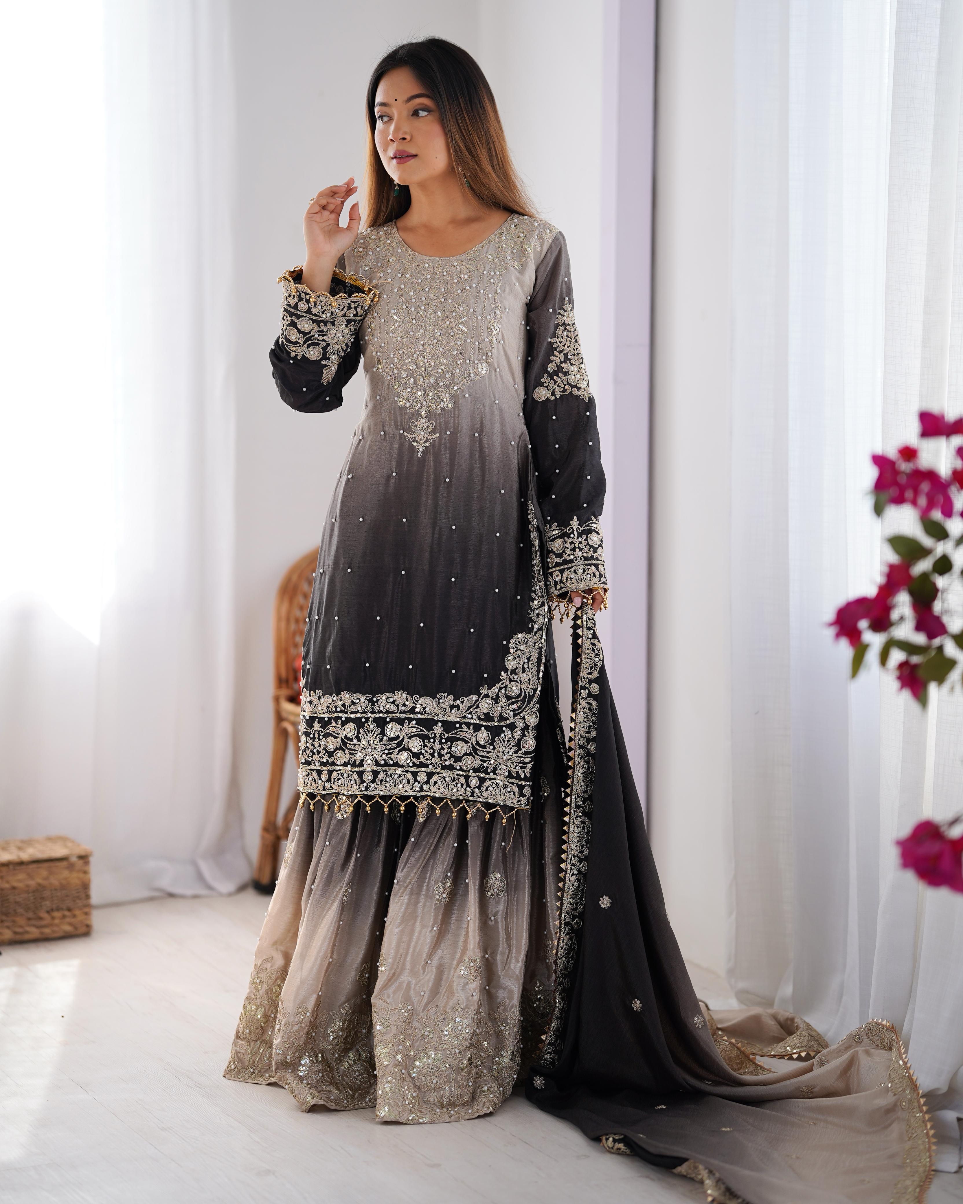 Wedding Wear Black And Grey Color Chinon Silk And Coding Dori With Sequence With Rivet Moti Beautiful Sharara Suit