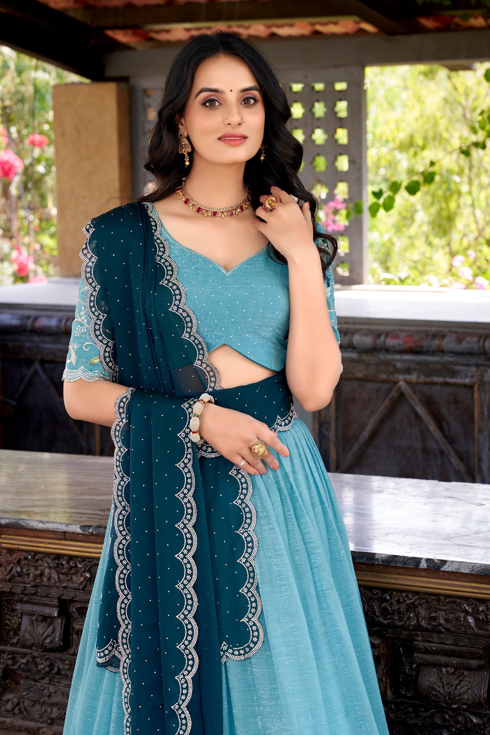 Fabulous Sky Color Silver Glosy Sequins And Thread Embroidery Work With Hotfix Designer Lehenga Choli