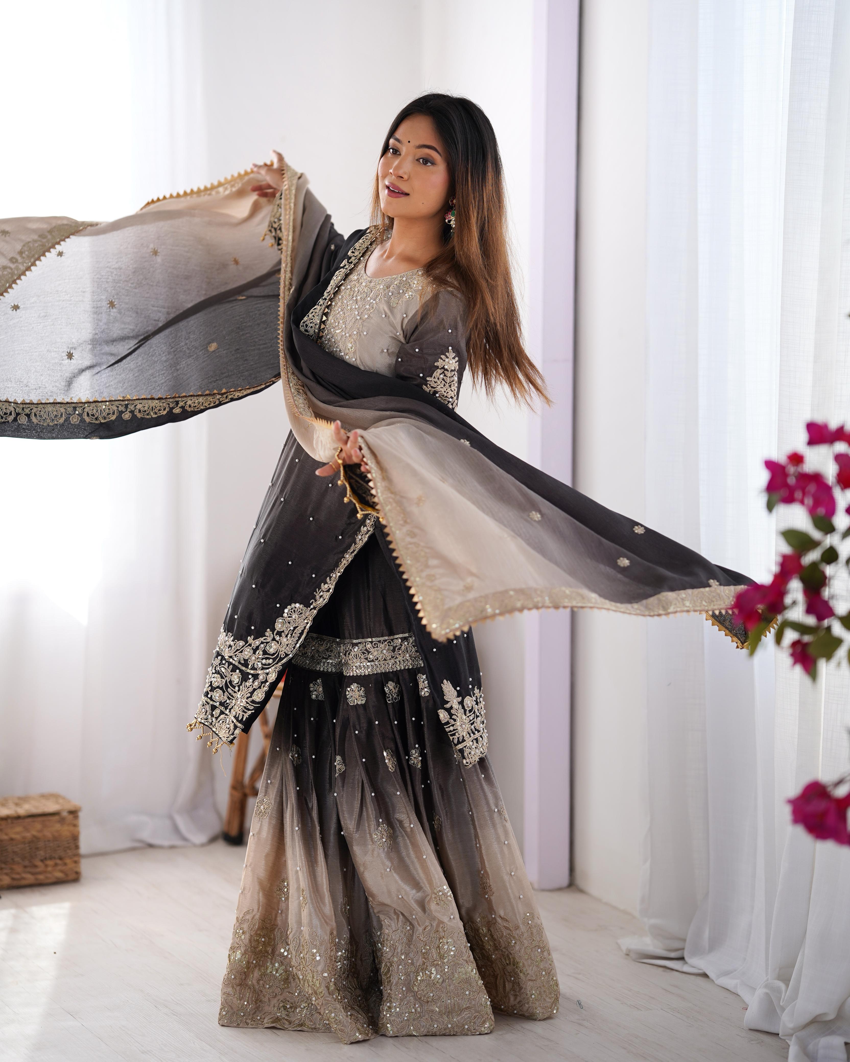 Wedding Wear Black And Grey Color Chinon Silk And Coding Dori With Sequence With Rivet Moti Beautiful Sharara Suit
